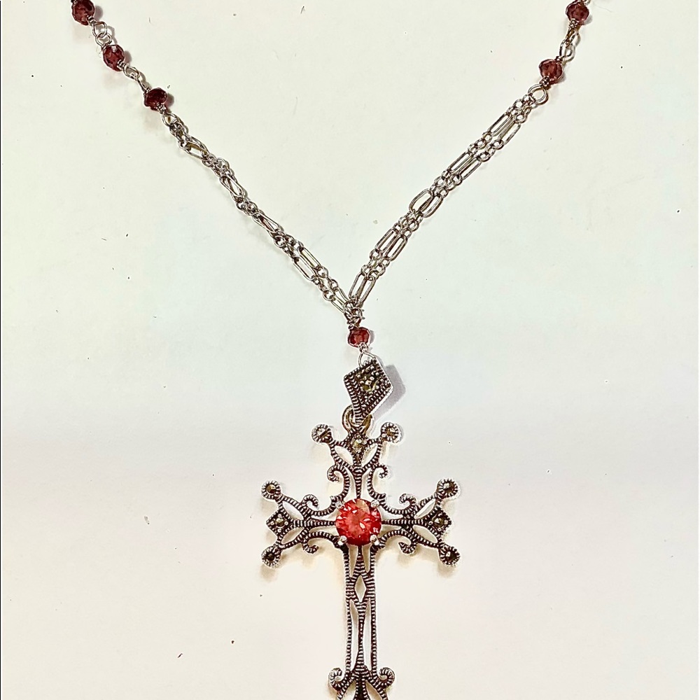 Sterling Silver Marcasite & Garnet Cross long Necklace.